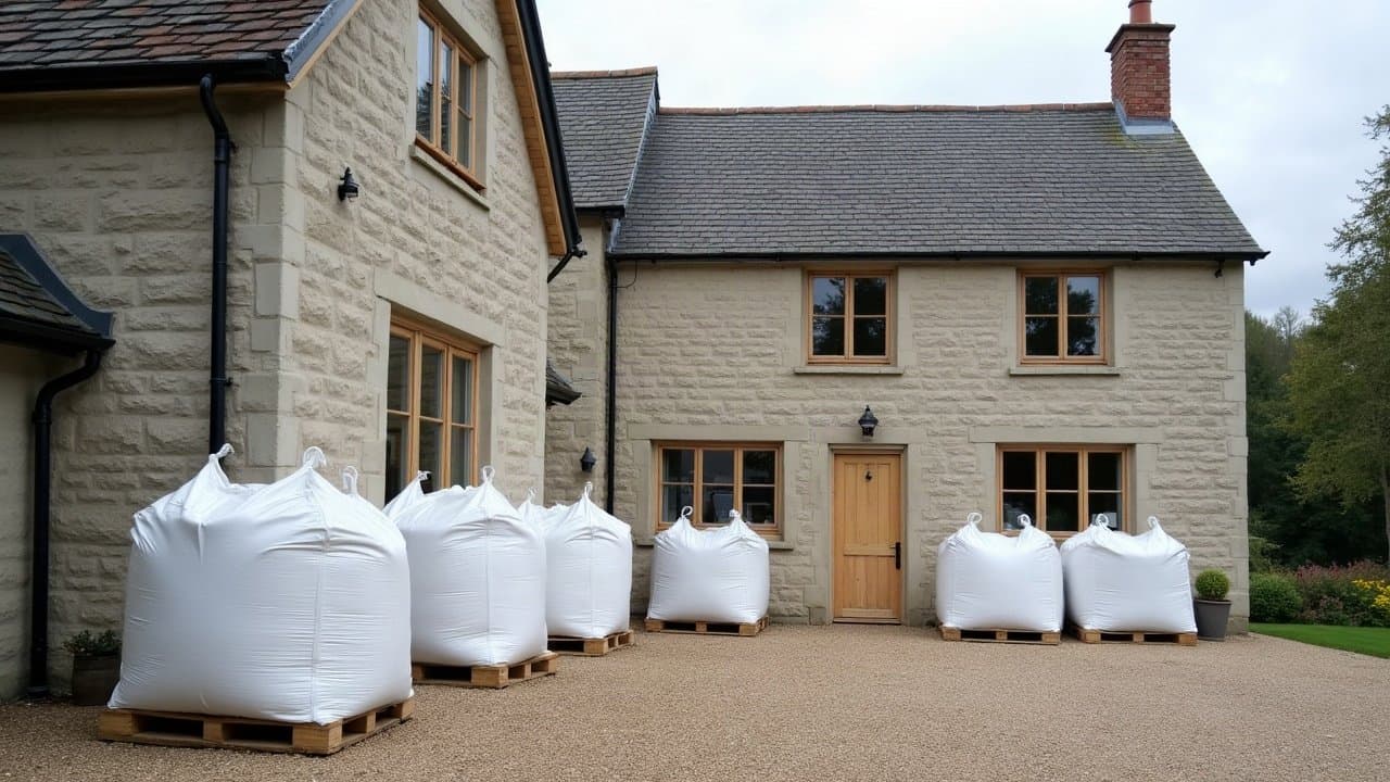 Big bags amiantés filmés sur palettes devant un bâtiment en cours de désamiantage, aucune personne visible.