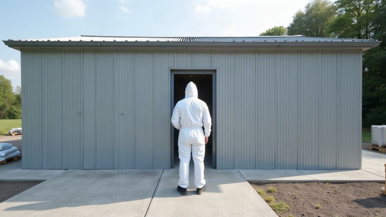 Opérateur équipé entrant dans le sas de décontamination d'une zone de chantier confinée, une main visible.
