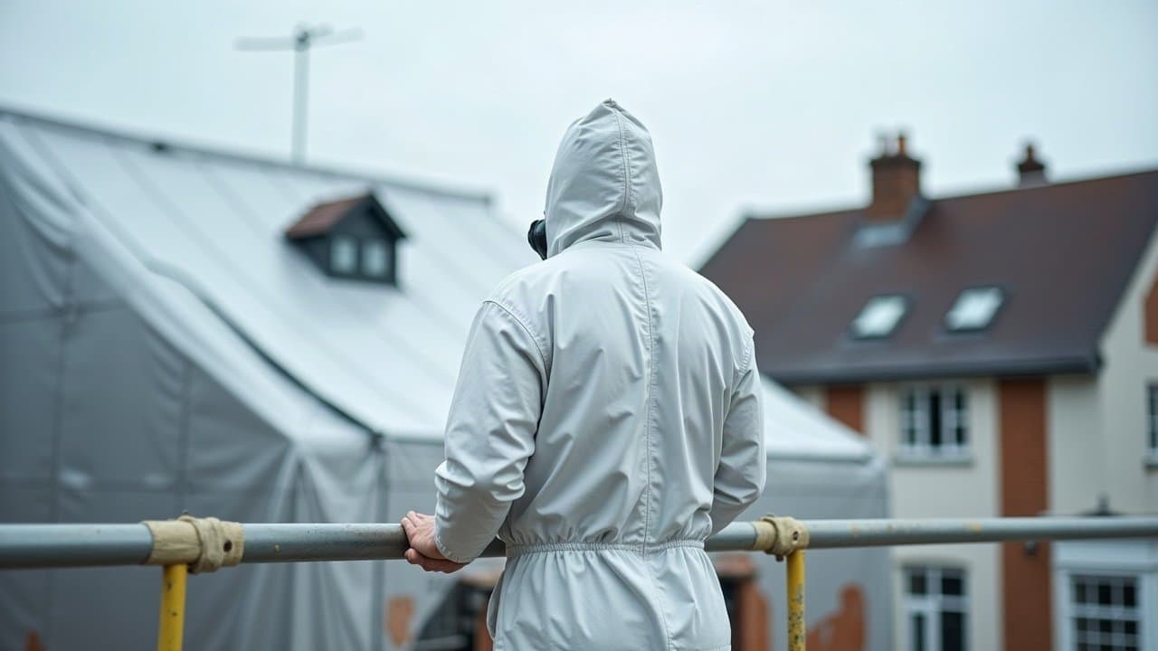 Opérateur en combinaison blanche sécurisé par un garde-corps sur une toiture en cours de retrait.