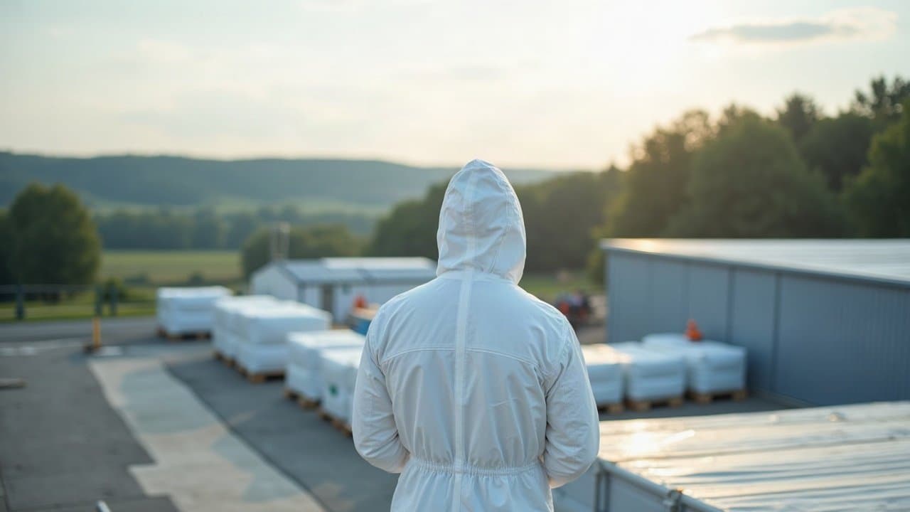 Opérateur en combinaison blanche inspectant de dos une charpente industrielle sécurisée à Aixe-sur-Vienne