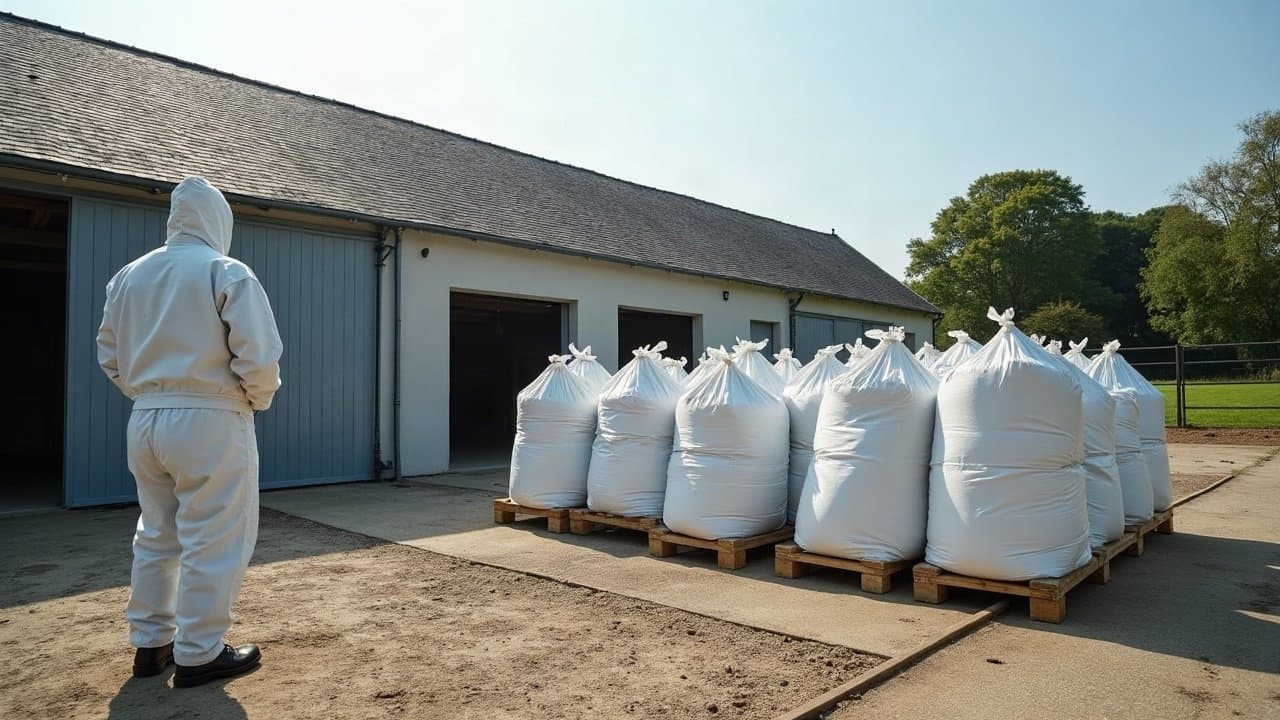Opérateur en combinaison blanche de dos filmant des big bags sur palettes près d'un bâtiment d'élevage à Bellac