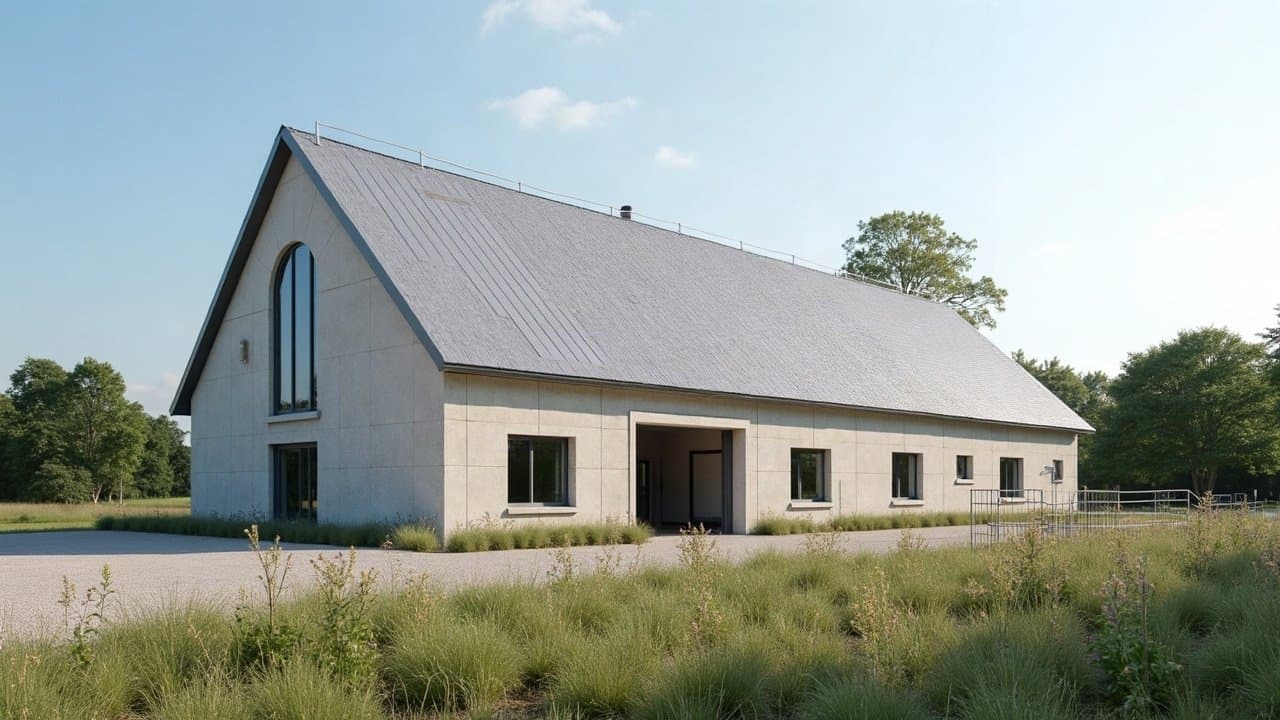 Hangar d'élevage avec toiture neuve près de Bellac, sous-préfecture rurale, vue d'ensemble