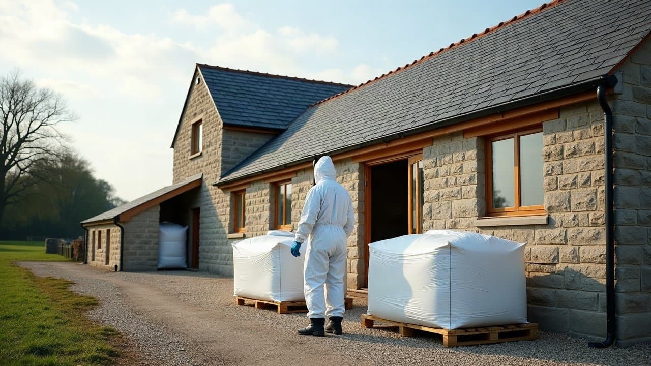 Big bags amiantés filmés sur palettes devant un hangar agricole près de Couzeix