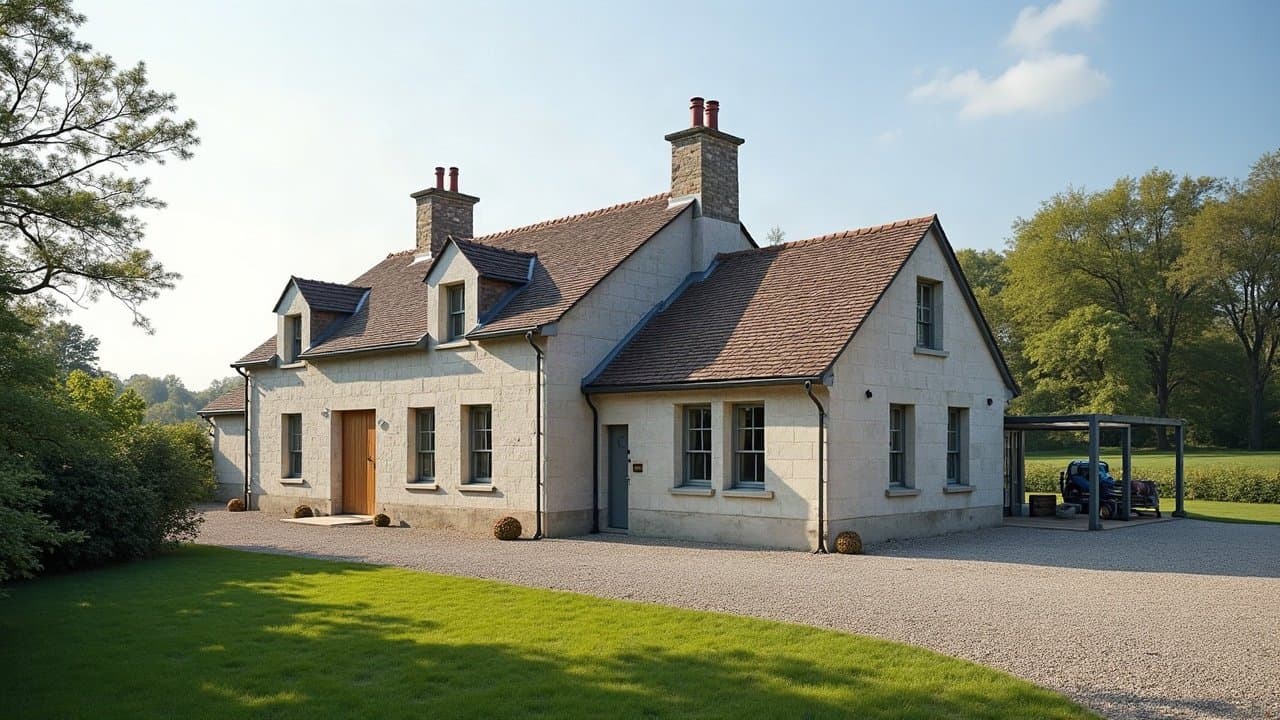 Maison en bord de Vienne à Isle avec toiture neuve posée, vue d'ensemble sous ciel dégagé