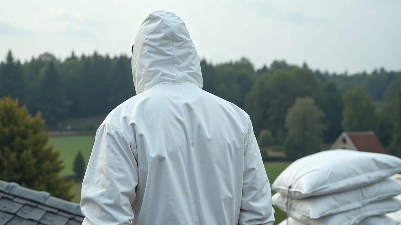 Opérateur en combinaison blanche de dos sur une toiture sécurisée par garde-corps, une seule main visible