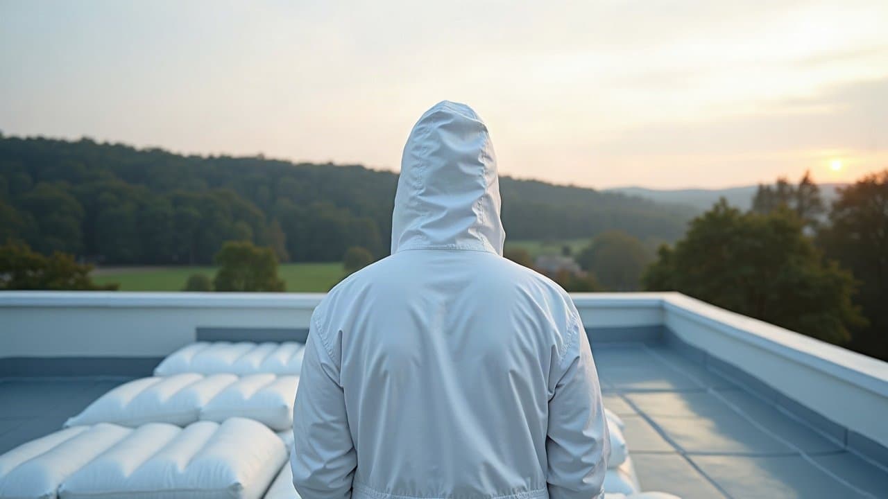 Opérateur en combinaison blanche de dos sur une toiture de ferme sécurisée près des monts de Noblat