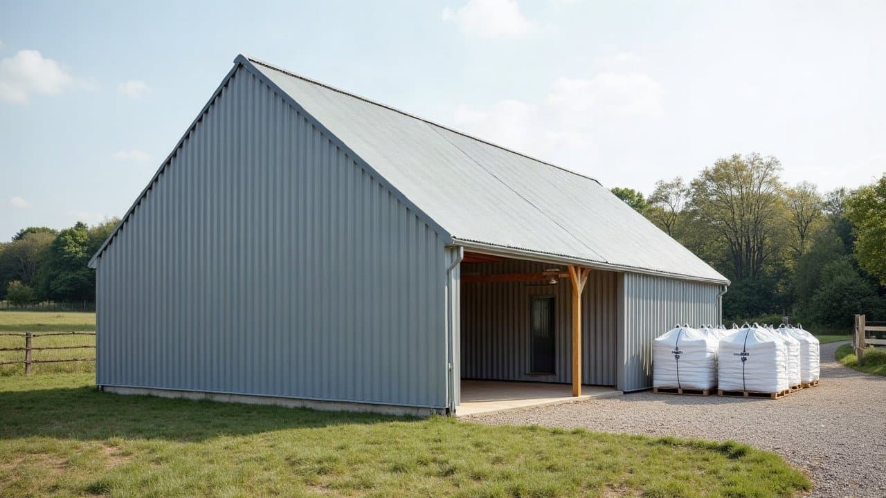 Opérateur en combinaison blanche sur une charpente de hangar agricole sécurisée près de Saint-Yrieix-la-Perche