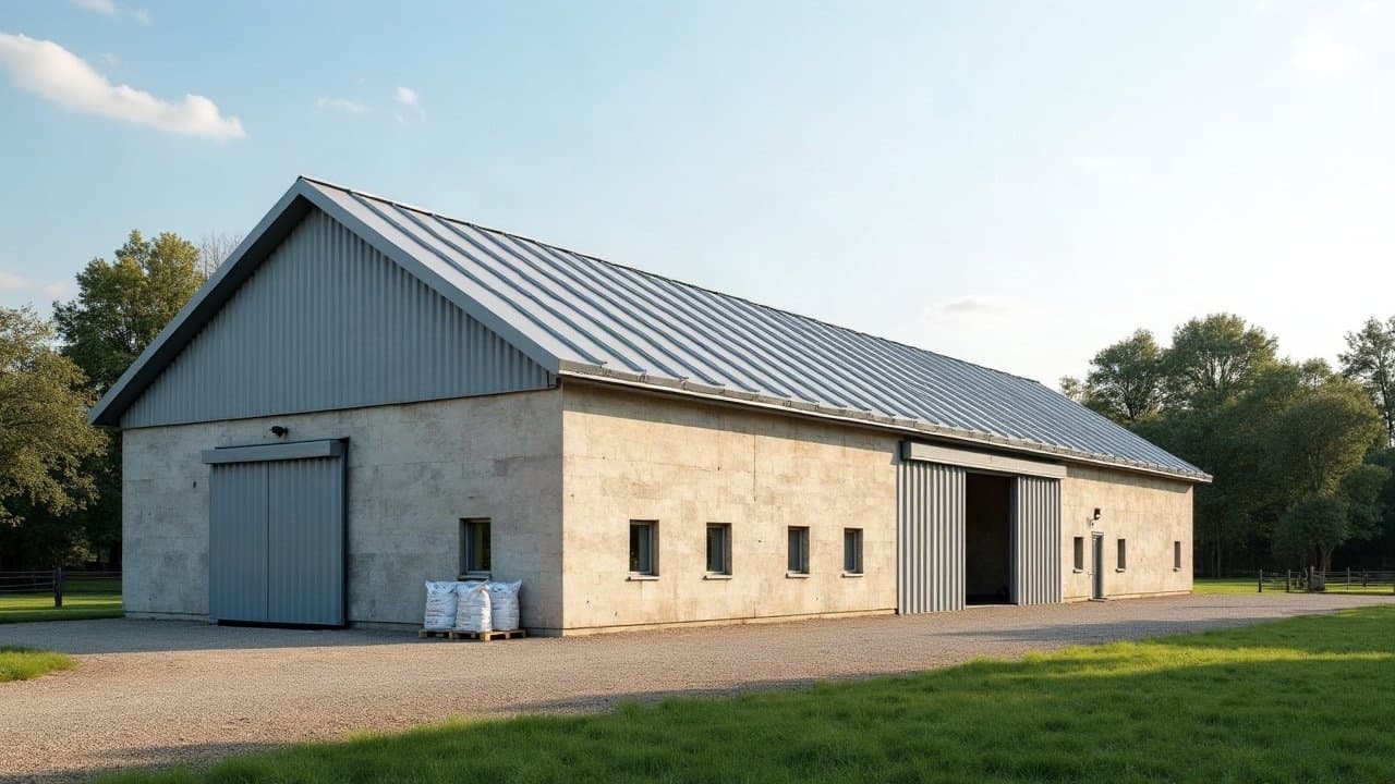 Hangar agricole restauré avec toiture neuve près de Saint-Yrieix-la-Perche sous un ciel dégagé