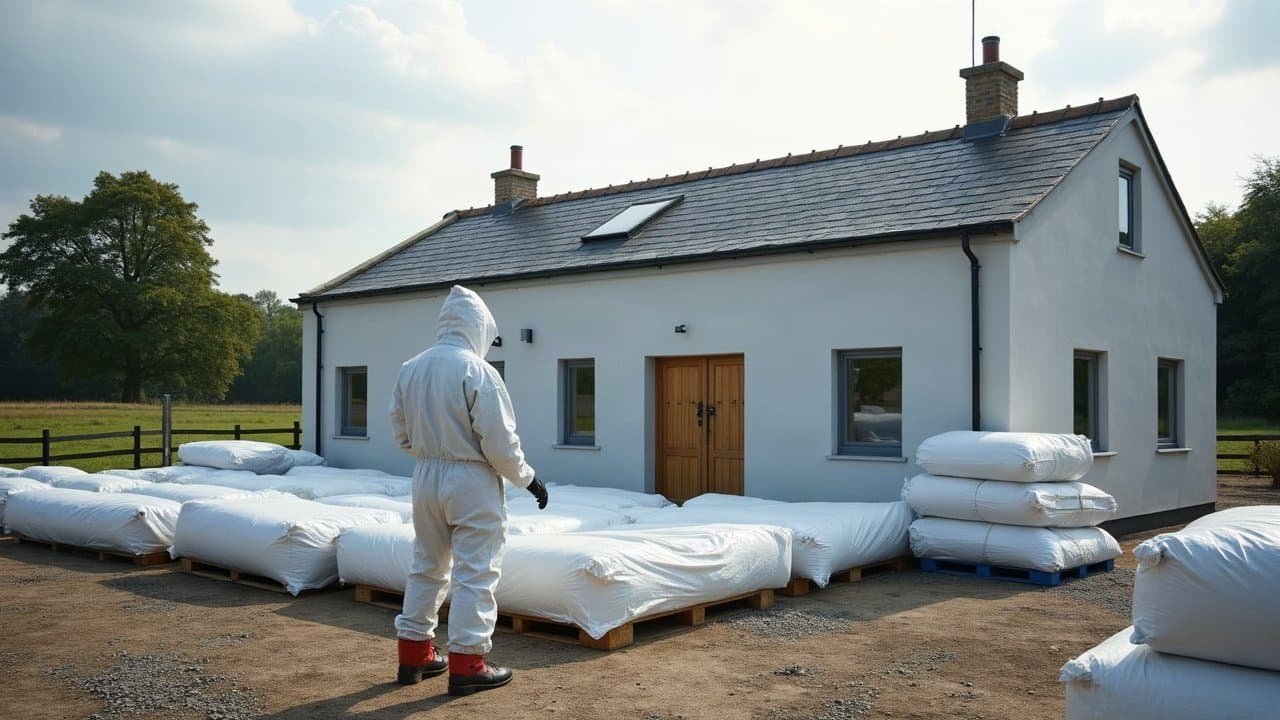 Opérateur en combinaison blanche de dos fixant des big bags filmés près d'un bâtiment agricole à Verneuil-sur-Vienne