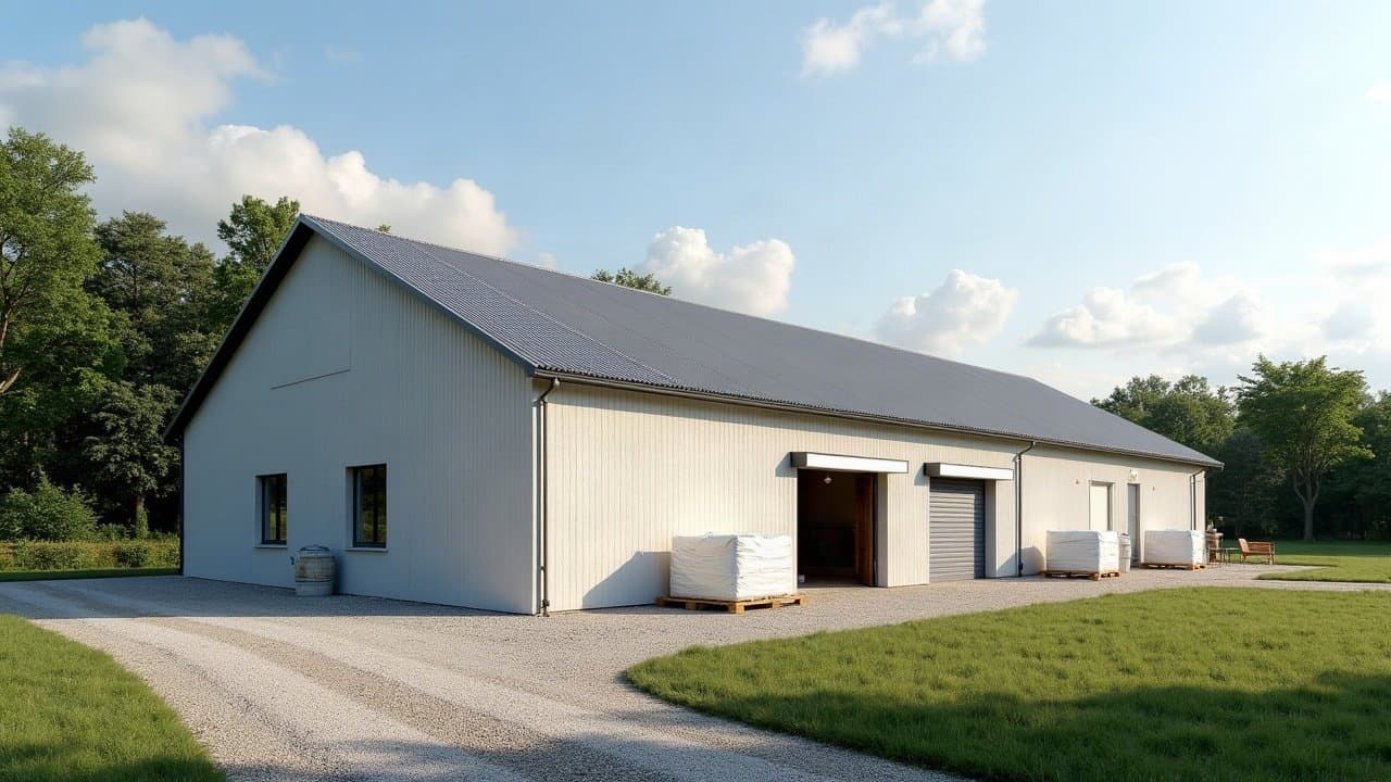 Hangar agricole avec toiture neuve à Verneuil-sur-Vienne à l'ouest de Limoges, vue d'ensemble